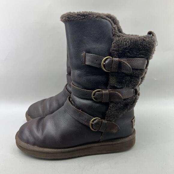 UGG Becket Boots Women Size 7 Brown Shearling Buckle Mid Calf Winter Strap Shoes - Picture 3 of 10